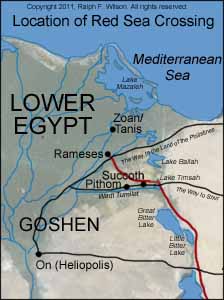 Proposed route of the Exodus from Rameses to the Red Sea, and Reed Sea crossing