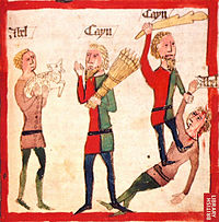 15th century depiction of Cain and Abel, Speculum Humane Salvationis, Germany.
