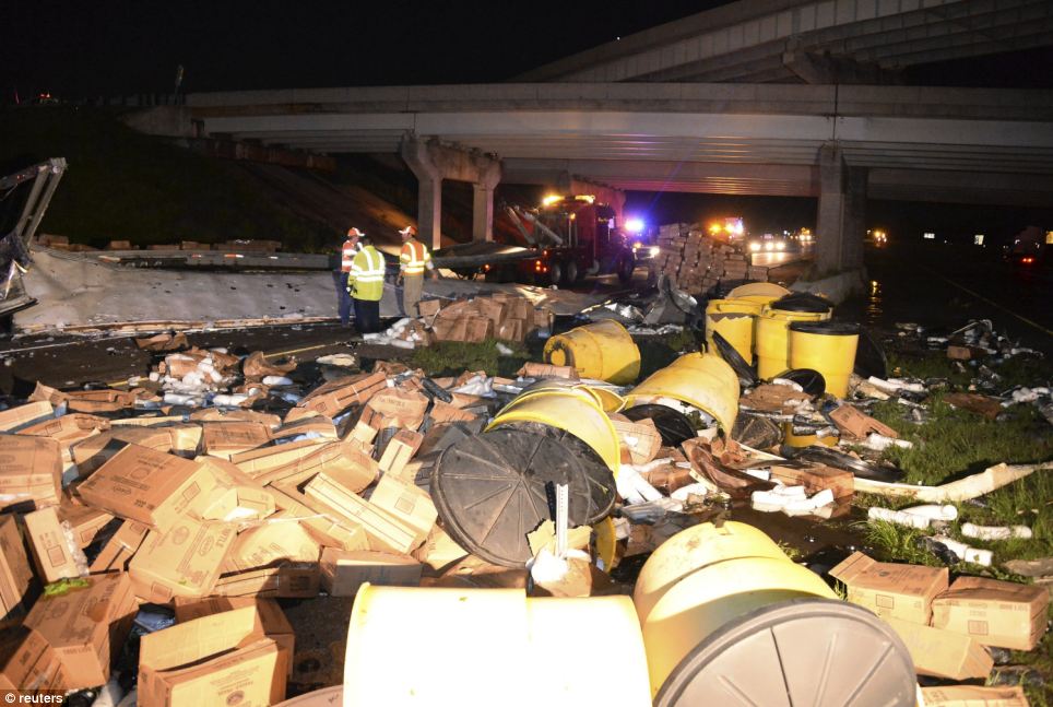 Fierce: A destroyed truck was blown off the 40 freeway after a tornado swept through Shawnee, in Oklahom