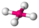 Skeletal model of a planar molecule with a central atom symmetrically bonded to four peripheral (fluorine) atoms.