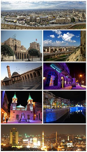  Ancient City of AleppoAleppo Citadel • The entrance to al-Madina SouqGreat Mosque of Aleppo • Baron HotelSaint Elias Cathedral • Queiq RiverPanorama of Aleppo at night