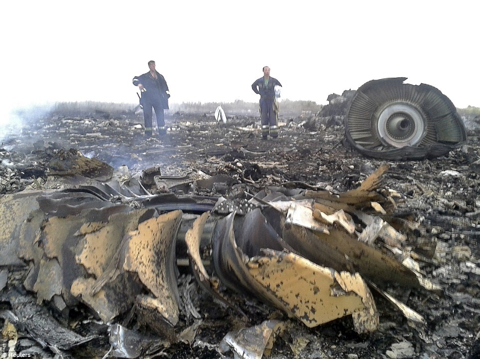 Salvage operation: Emergencies Ministry members work at the crash site after the plane was shot down, killing all 295 on board