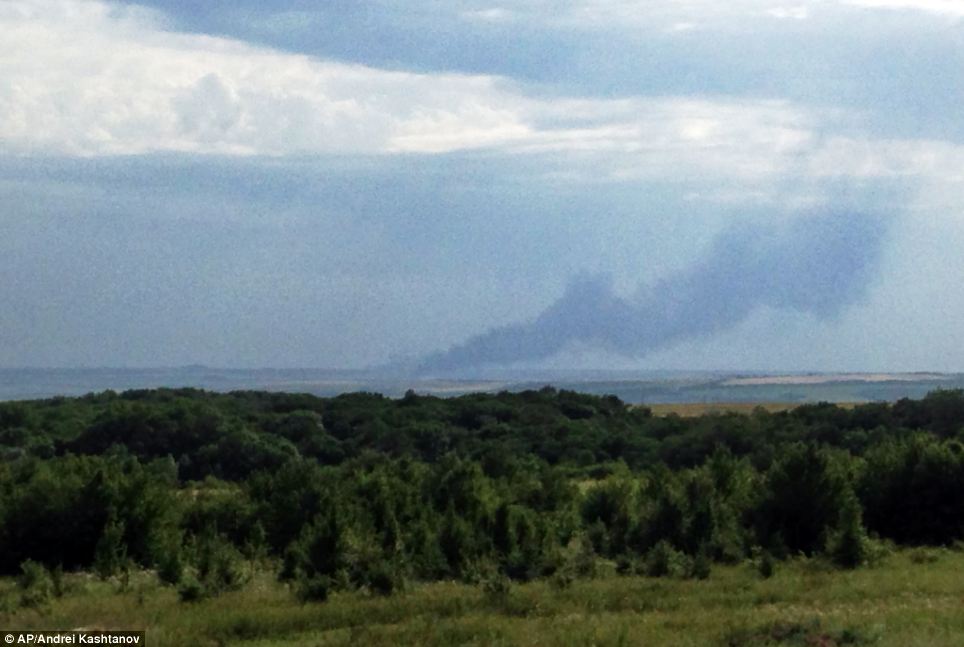 Smoke signals: A plume of thick grey smoke rises from the spot where the Malaysia Airlines commercial plane crashed in eastern Ukraine