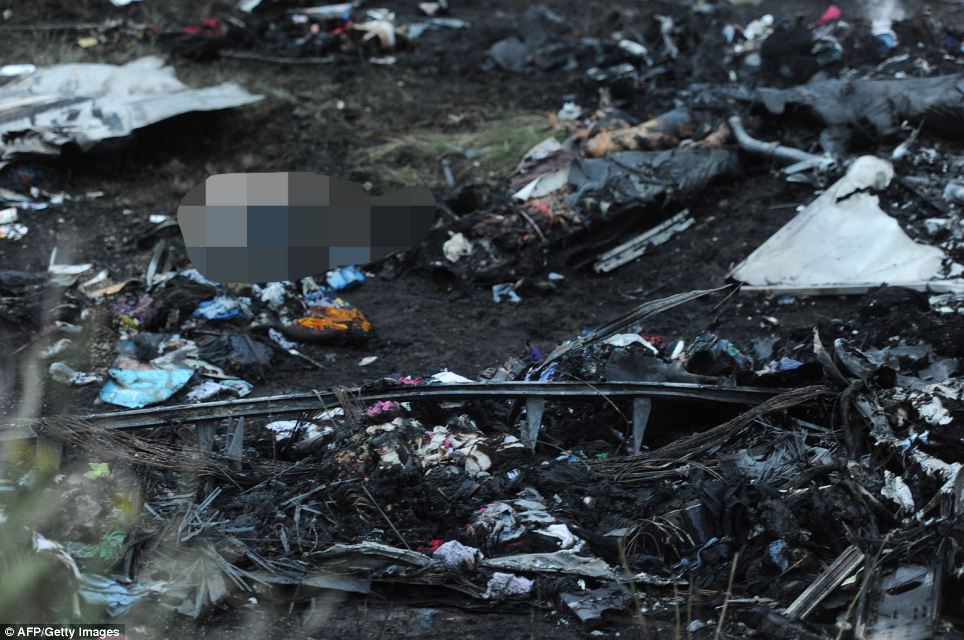Crash site: A picture taken this afternoon shows bodies amongst the wreckage of the doomed plane