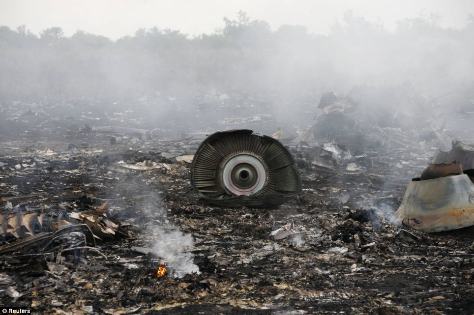 Aftermath: Remains of the plane lay scattered across the ground in Grabovo after the aircraft was shot down by a sophisticated surface-to-air missile