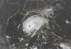 This NOAA satellite image taken Thursday at 2:45 AM EDT shows clouds associated with Hurricane Rita in the Gulf of Mexico. The storm is expected to make landfall over the Texas coast early Saturday. AP Photo /NOAA