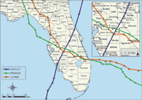 map showing tracks of Hurricanes Charley, Frances, and Jeanne across central Florida